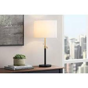 lot 6 image: Hampton Bay Alderston 26 in. Matte Black and Antique Brass Adjustable Table Lamp Customer Returns See Pictures