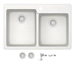 lot 17 image: Glacier Bay Stonehaven 33 in. Undermount 5050 Double Bowl White Ice Granite Composite Kitchen Sink with White Strainer    Customer Returns See Pictures