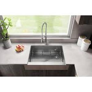 lot 19 image: Elkay Crosstown 36 in. FarmhouseApron-Front Single Bowl 18 G Polished Satin Stainless Steel Kitchen Sink Kit w Accessories Customer Returns See Pictures