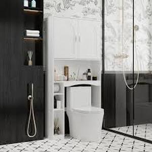 lot 21 image: FUFU&GAGA 31.5 in. W x 66.9 in. H x 9.8 in. D White Over The Toilet Storage Bathroom Space Saver with Doors Cabinet, Open Shelves  Customer Returns See Pictures