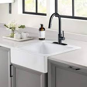 lot 26 image: SINKOLOGY Josephine 26 in. 3-Hole Quick-Fit Farmhouse Apron Front Drop-in Single Bowl Crisp White Fireclay Kitchen Sink Customer Returns See Pictures