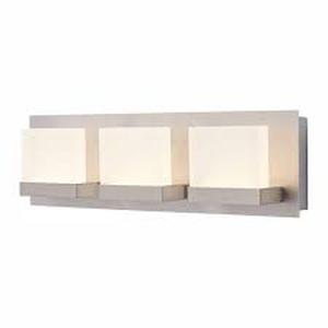 lot 34 image: Home Decorators Collection Alberson Collection 3-Light Brushed Nickel LED Vanity Light with Frosted Acrylic Shade   Customer Returns See Pictures