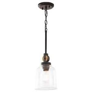 lot 37 image: Home Decorators Collection Knollwood 7 in. 1-Light Black Bronze Vintage Brass Accents Industrial Mini Pendant Light for Kitchen  Customer Returns See Pictures