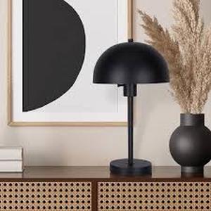 lot 40 image: Hampton Bay Corbin 17.5 in. Black Modern Table Lamp with Black Metal Shade and AC Outlet on Base  Customer Returns See Pictures