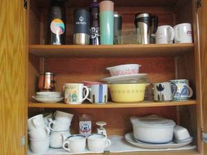 lot 56 image: Cupboard of cups, mugs, Pyrex, and ...