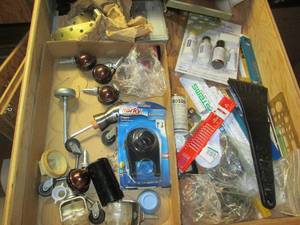 lot 86 image: Drawer of assorted hardware, rulers...