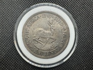 1947 High Grade South Africa Silver 5 Shillings, AU+ or Better, Very Tough Find in this Condition, Beautiful Toning
