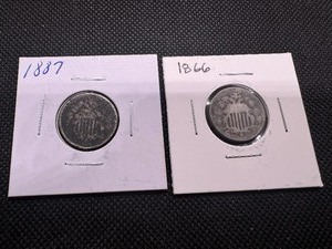 lot 47 image: 1866 and 1887 Shield Nickels Heavily Worn