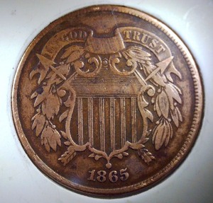 lot 9 image: 1865 2 Cent Piece, Strong VF - Nice Coloring for Grade