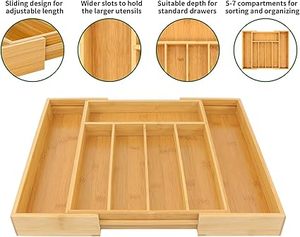 lot 78 image: VaeFae Bamboo Drawer Organizer, Expandable Silverware Drawer Organizer, Cutlery Tray with Dividers for Kitchen Utensils, Medium