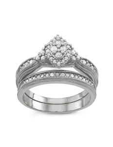 lot 86 image: Tiara Rhodium Over Sterling Silver 12 ct tw Diamond Marquise Bridal Ring Set - Size 6