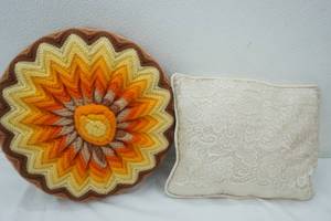 lot 115 image: Vintage Crochet Throw Pillow & Silk Wedding Pillow