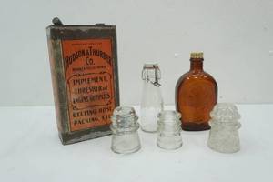 lot 12 image: Vintage Galvanized Can, Vintage Glass Insulators & More