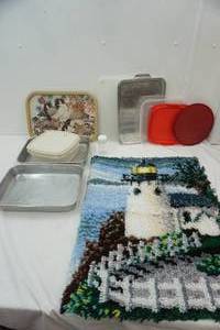 lot 227 image: Cake Pans, Tupperware Container & Lighthouse Latch Hook