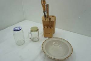 lot 231 image: Vintage Stoneware Serving Bowl, Knife Block, and jars