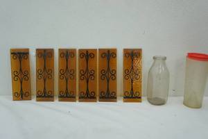 lot 328 image: Vintage Milk Bottle, Glass Inserts for Light Fixture, shop measuring cup wlid