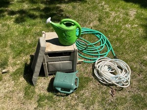 lot 177 image: Yard Watering Hoses with Reel Box, Watering Buckets