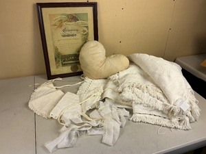 lot 294 image: King Size Matelasse Fringe Bed Covering with Antique German Framed Confirmation Certificate