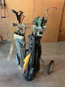 lot 98 image: Two Sets of Vintage Golf Clubs with Bags and Cart