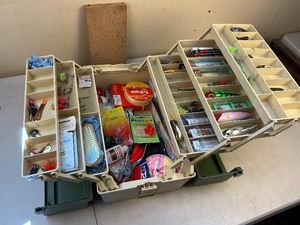 lot 151 image: Vintage Plano Tackle Box Full of Fishing Gear and Lures