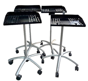 lot 18A image: MSRP $1600 Lot of 4 Global Industrial Height Adjustable Inventory Trolly Tray Instrument Equipment Tool&nbspMobile Roller Hair Salon&nbspStands - In Great Condition