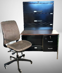 lot 27 image: Set of 3 Heavy Duty Metal Steel Storage, Desk with Filing Cabinet & Height Adjustable Office Chair  Perfect For Workshop Use  All In Good Condition Desk & Filing Cabinet Are Locking & Have Keys