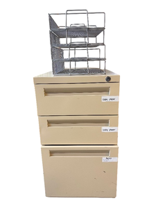 lot 19 image: Office Steel Filing Locker Cabinet with Lock and 4-Tier Stackable File Supply Rack  Durable steel construction with secure locking  Perfect for organizing files and office supplies  Stackable design saves space  In Great Condition