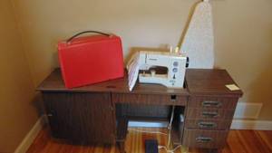 lot 4 image: Bernina Record Sewing Machine and Cabinet with Carrying Case and Ironing Board. 30.5 x 39 x 16