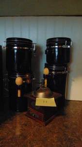 lot 11 image: Set of 4 Blue Canisters and Coffee Grinder