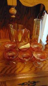 lot 16 image: Carnival Glass Pitcher with 3 Glasses and 6 Sherberts