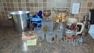 lot 24 image: Barware Items, Ice Bucket, Decanter Set, Shaker and Misc