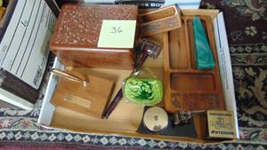 lot 36 image: Desk Items, Carved Box, Paperweight, Gavel and Misc