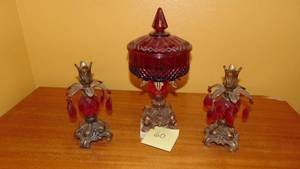 3 Pc Red Centerpiece Set with Candle Holders