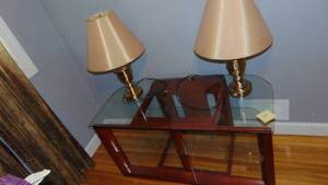 lot 83 image: Glass Top Media Stand and Pair of Brass Table Lamps
