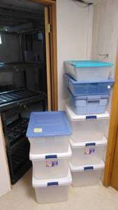 lot 87 image: Lot of Totes and Black Plastic Shelf
