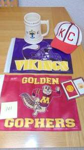 lot 101 image: Vikings and Gopher Flags, U of M Cards, KC Cap and 1967 U of M Mug