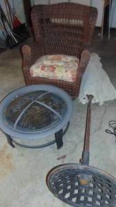 lot 108 image: Single Ratton Swivel Chair, Firepit and Umbrella with Stand