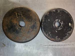 lot 71 image: A Pair of 5 LB  One inch weight Plates (Used)
