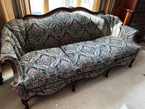 lot 34 image: Antique Style Floral Upholstered Sofa with Curved Wooden Frame