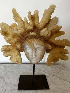 Unique Coral and Stone Face Sculpture on Metal Stand