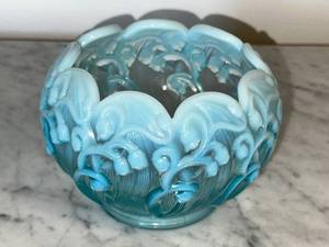lot 50 image: Vintage Blue Opalescent Glass Bowl with Raised Floral Design