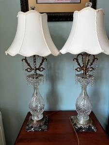 lot 52 image: Pair of Crystal Base Table Lamps with Fabric Shades