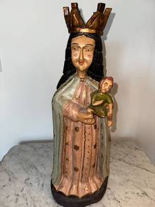 lot 56 image: Handcrafted Wooden Statue of Madonna and Child with Crown
