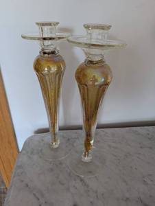lot 196 image: Pair of Iridescent Glass Candle Holders