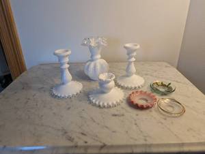 lot 201 image: Collection of Milk Glass Candle Holders and Dishes