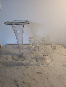 lot 202 image: Vintage Glassware Set with Etched Vase and Candle Holders