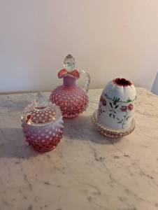 lot 203 image: Set of 3 Fenton Type Hobnail Glass and Floral Painted Art Glass Pieces incl. Fairy Lamp