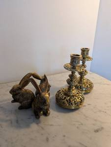 lot 209 image: Vintage Brass Rabbit Napkin Holder and Ornate Candle Holders Set