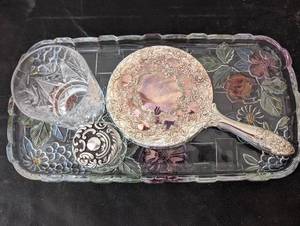 lot 267 image: Vintage Vanity Set with Mirror, Tray, and Crystal Glassware