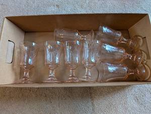 lot 429 image: Set of 8 Vintage Pink Glass Goblets with Etched Floral Design